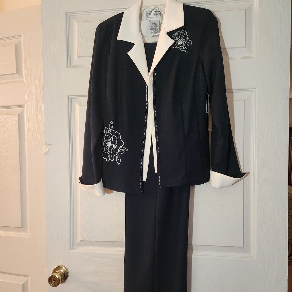 KARIN STEVENS women NEW w/Tag Pant & embroidered Jacket Suit Set Navy Blue s10